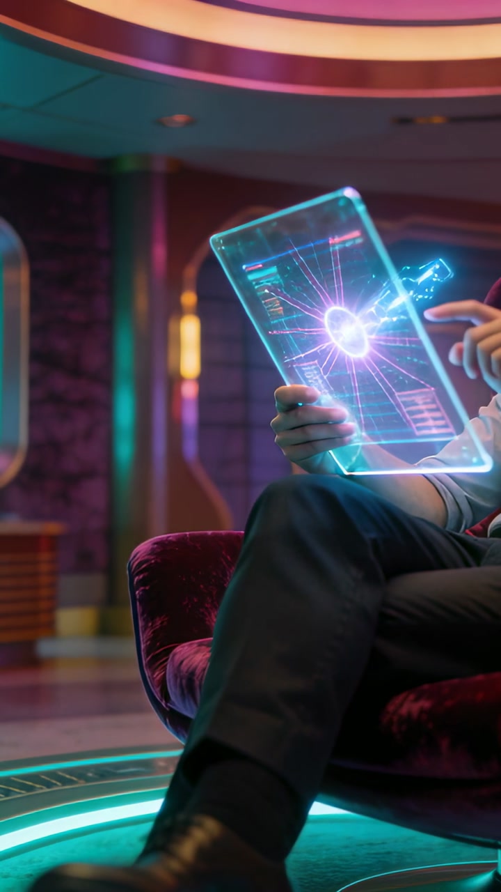 Vertical video: Reaching hand, man tapping tablet in neon lounge in dress shirt, adjusting radar UI