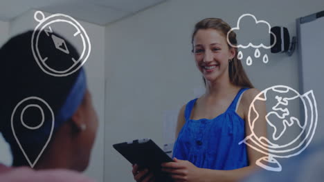 smiling woman holding tablet, travel and weather animation over diverse people