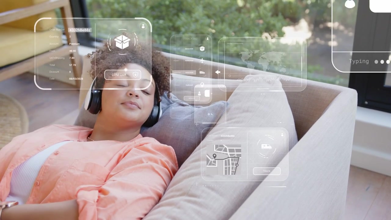 Woman reclining on sofa tapping phone generating AR waveform panels managing calendar around her