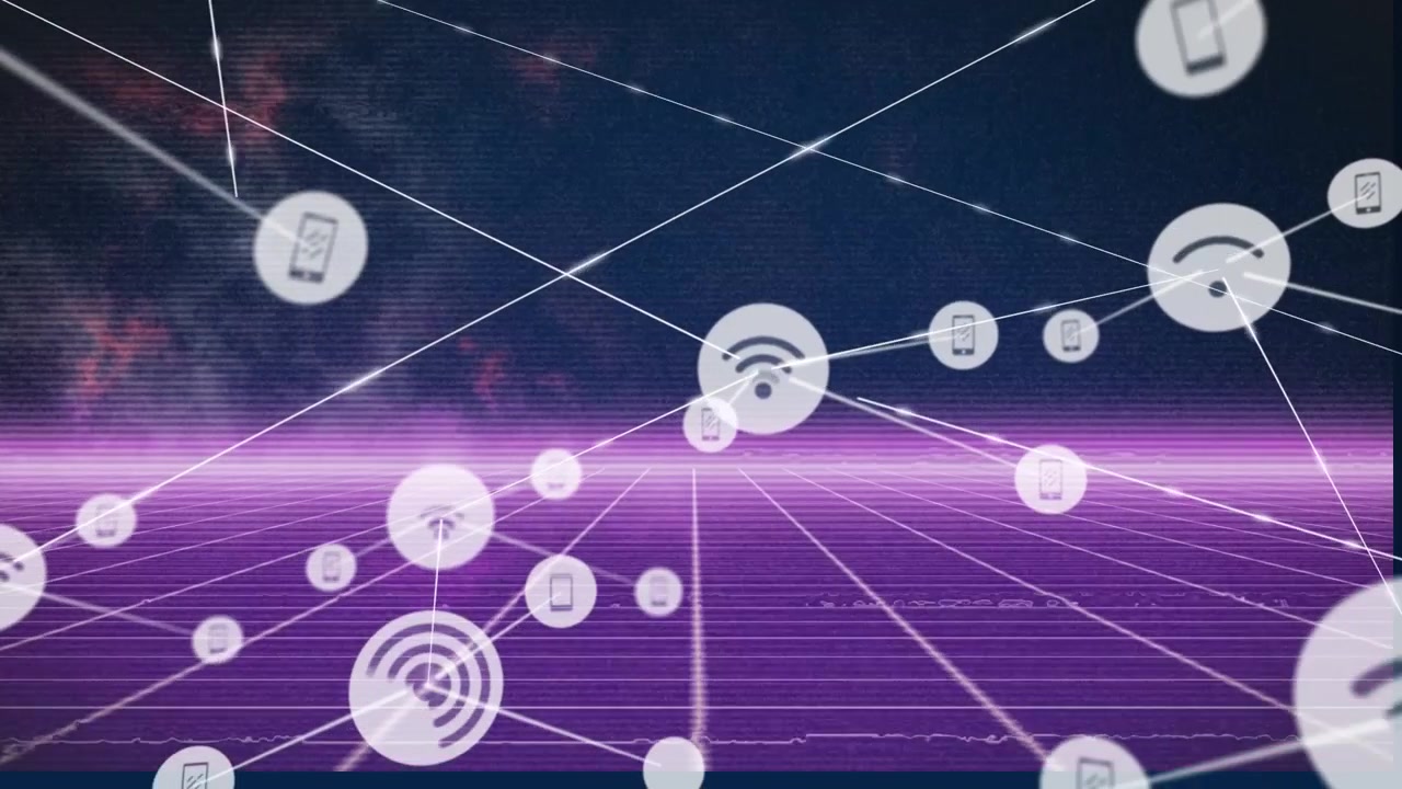 Animation of moving wi fi and phone icons interconnecting with lines over grid pattern