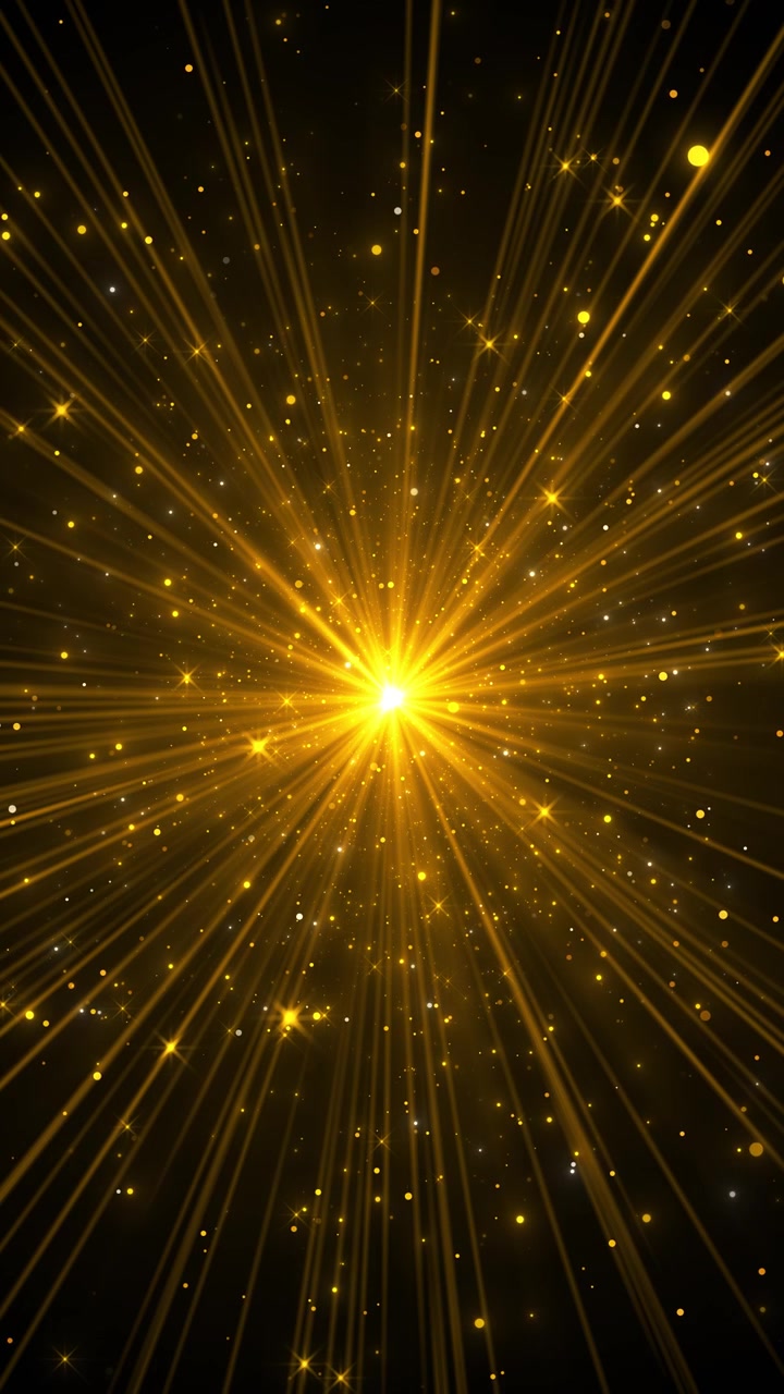 Radiant gold energy burst overlay with glowing star points long streaking rays floating particles
