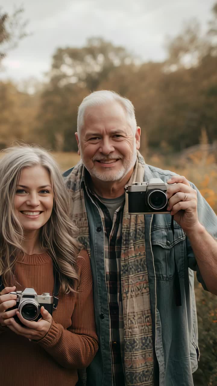 Vertical video: Holding vintage cameras, couple in park, camera zooming, highlighting man's scarf