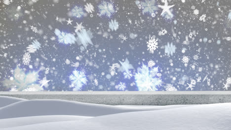 snow falling over winter landscape against multiple snowflakes icons on blue background