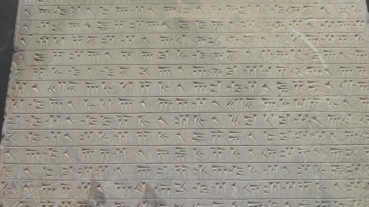 Ancient Cuneiform Inscription on Stone Tablet in Museum