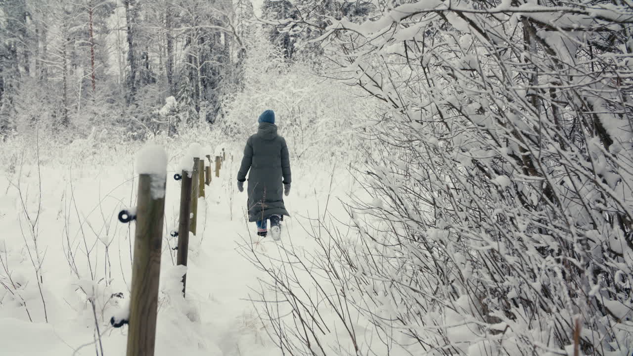 フェンス沿いの狭い雪道を歩く人の後ろ姿を捉えたミディアムワイドショット。柔らかな曇り空の光が、落ち着いた北欧の冬のムードを醸し出している。