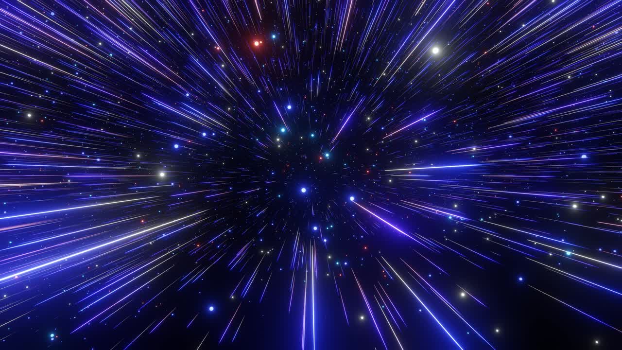 fondo de hiperespacio abstracto. velocidad de la luz, rayos brillantes de neón y estrellas en movimiento. versión azul oscuro. moviéndose a través de estrellas. bucle sin costuras de 4k
