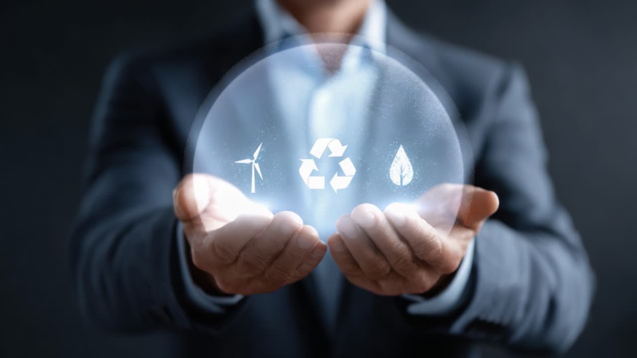 A business professional showcases sustainable energy symbols of wind, recycling, and water conservation in his hands, emphasizing the importance of environmental responsibility and innovation