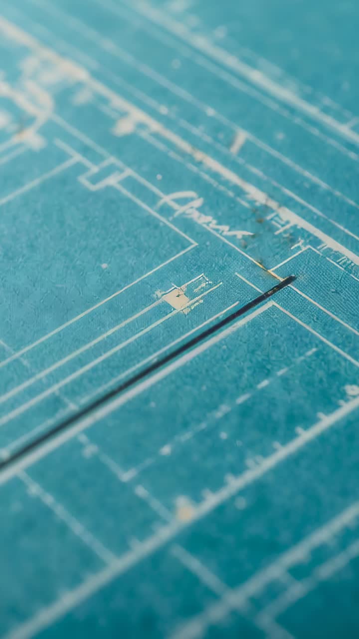 Vertical video: Starting camera pan over teal blueprint on desk, revealing pin, debris and details
