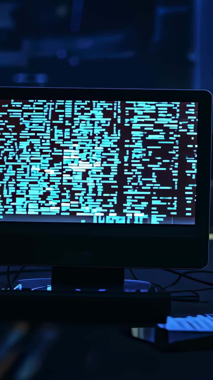 Vertical video: Starting playback, camera moving closer to desk monitor in dim lab, showing pixels