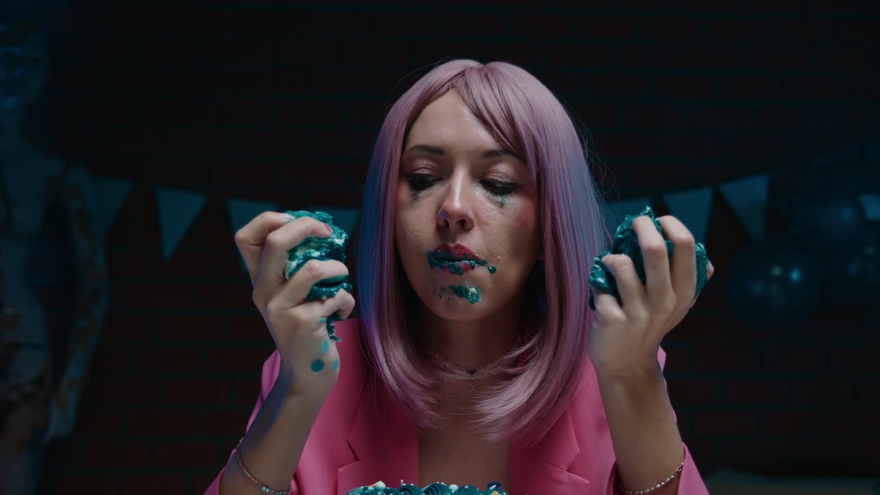 Woman Eating a Teal Cake