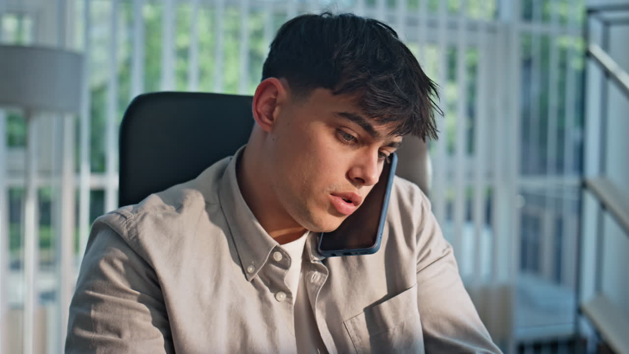 Help desk operator call at modern workplace closeup. Manager talking remotely