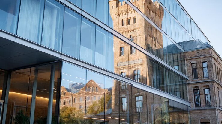 Riflesso architettonico di una torre storica in una moderna facciata di vetro che mette in mostra il contrasto tra elementi di design antichi e nuovi nel paesaggio urbano