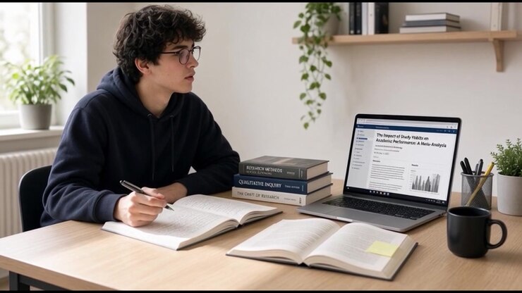 Young Student Studying with Books and Laptop at Home