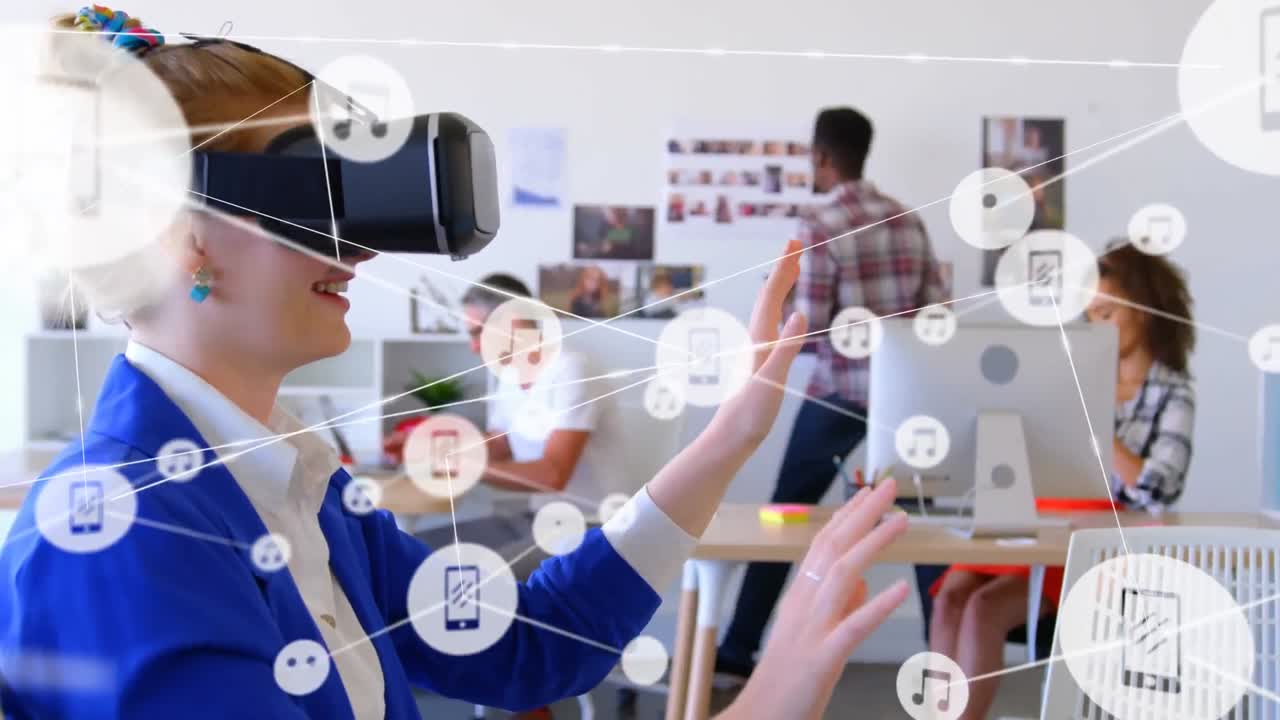 연결 네트워크의 애니메이션과 휴대폰 vr 헤드 ⁇ 을 착용하는 사업가