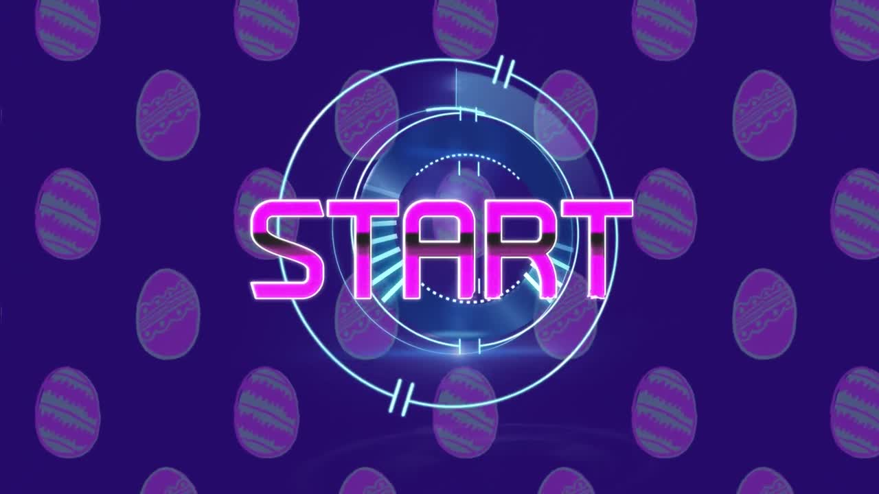 Animation of start text over scope scanning and egg icons on blue background