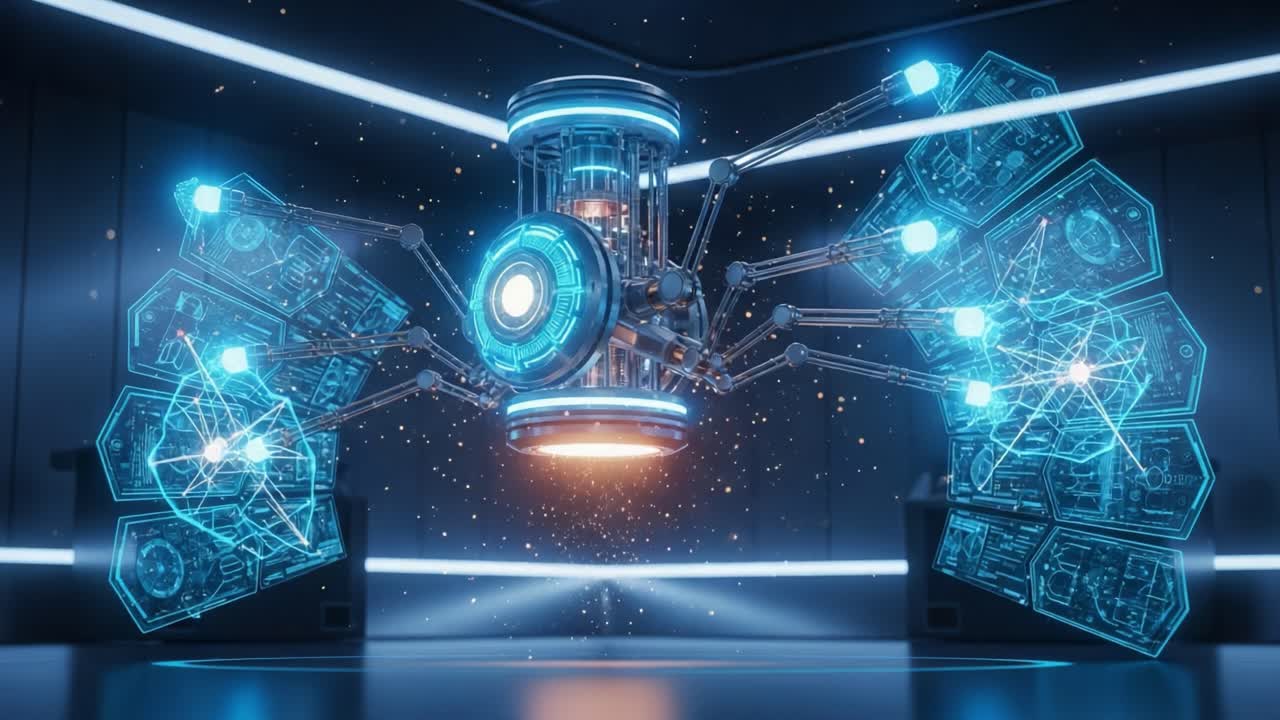 Futuristic Energy Core: A Stunning Visual of a High-Tech Power Source Surrounded by Intricate Data Panels Displaying Advanced Technology and Innovation in a Laboratory Setting