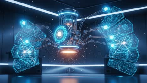 futuristic energy core: a stunning visual of a high-tech power source surrounded by intricate data panels displaying advanced technology and innovation in a laboratory setting