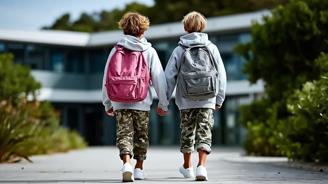 Two young boys walking down a sidewalk holding hands