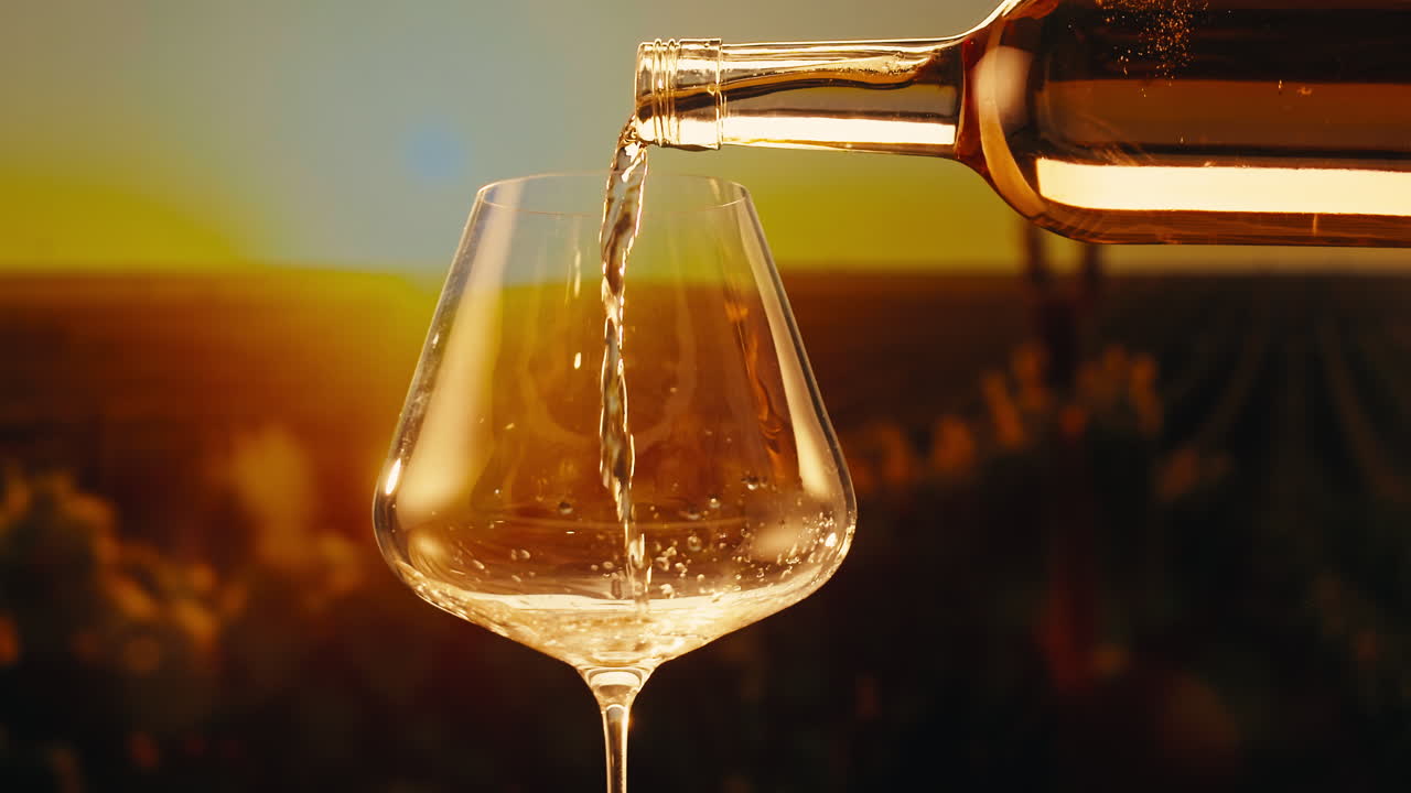 Orange or white wine bottle and glass against a sunset in a peaceful vineyard, pouring of ecological natural wine.