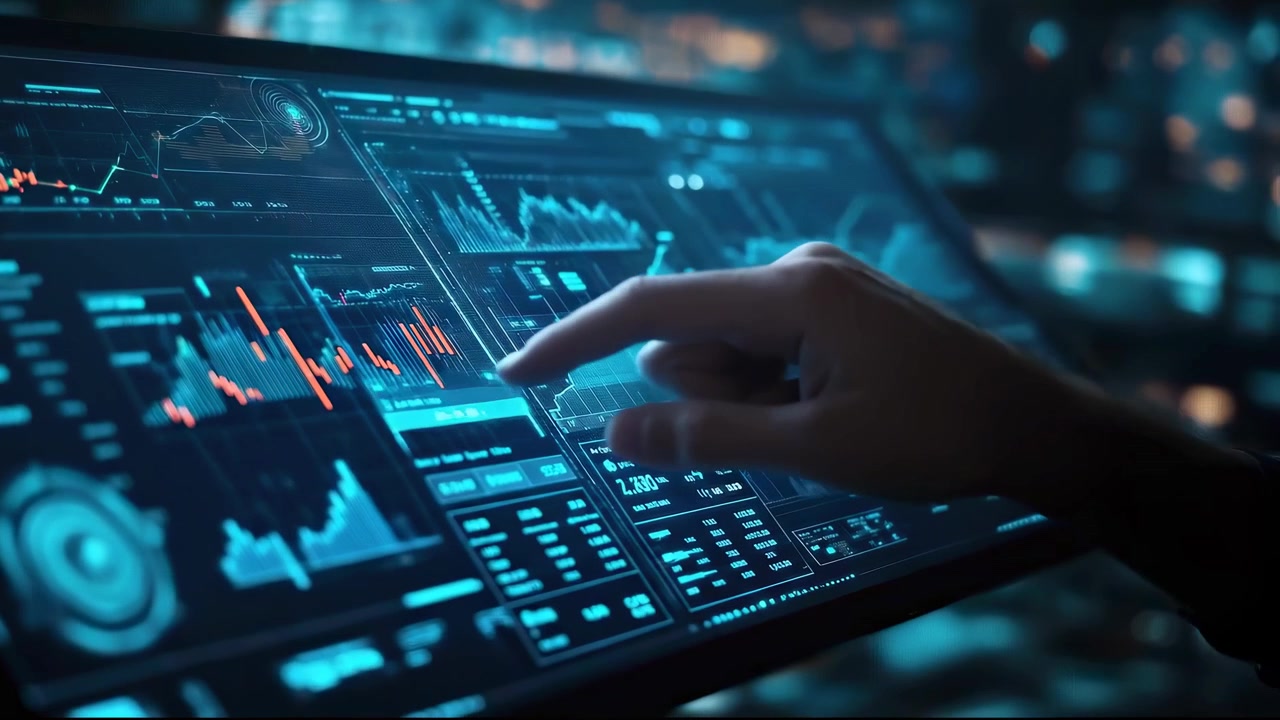 Professional Analyzing Financial Data on a Futuristic Touchscreen Interface