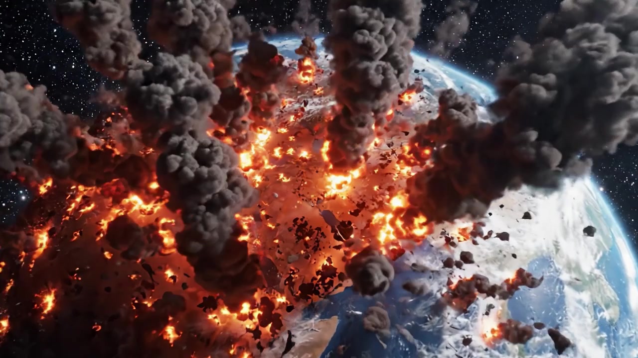 Un événement cataclysmique se déroule alors que la Terre éclate en flammes et en destruction, offrant une représentation vivante du chaos dans un paysage cosmique rempli d'explosions et de dévastation