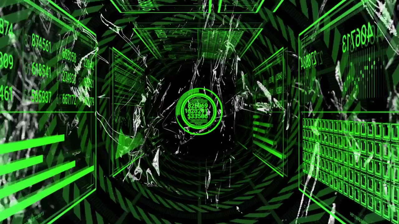 Neon green wireframe data tunnel starting scan pulse, ribbons sweeping, readouts updating for scan