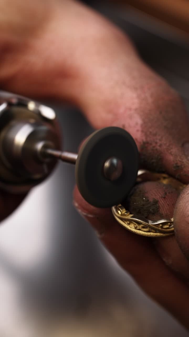 Close-up of a Jeweler Polishing a Gold Ring with a Rotary Tool
