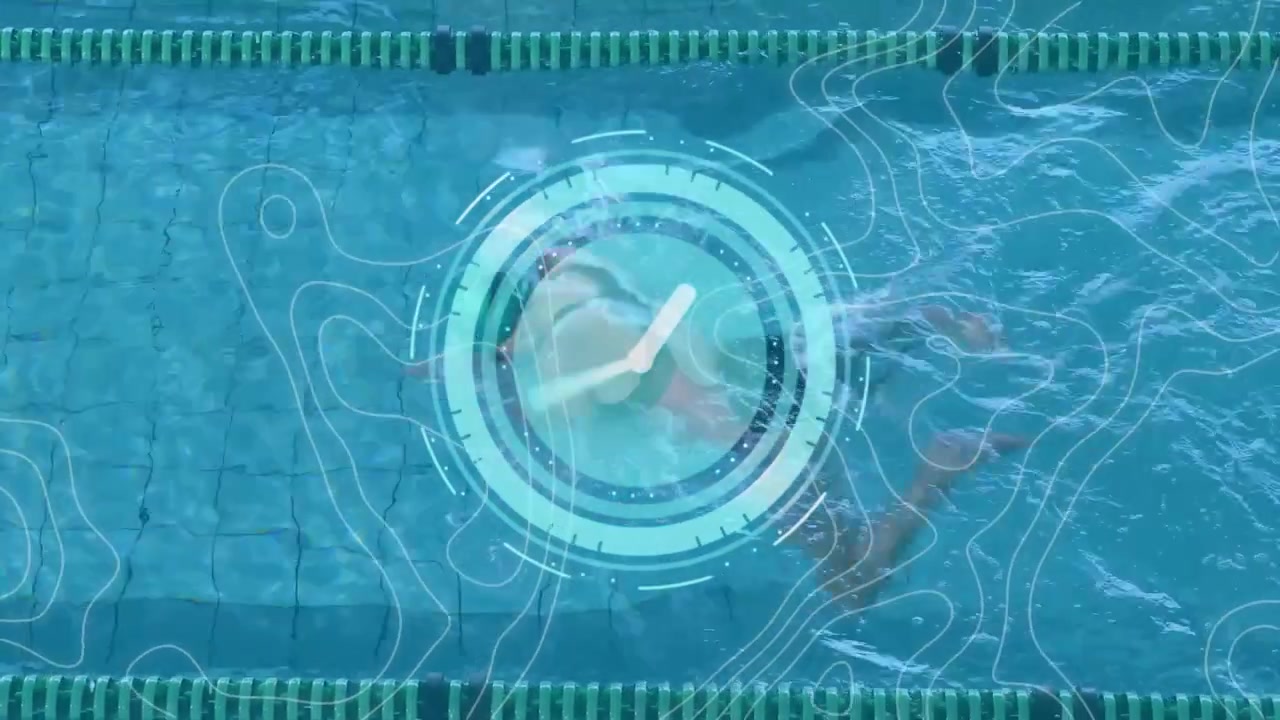 Female swimmer entering right and doing training freestyle lap in pool, clock overlay tracking time
