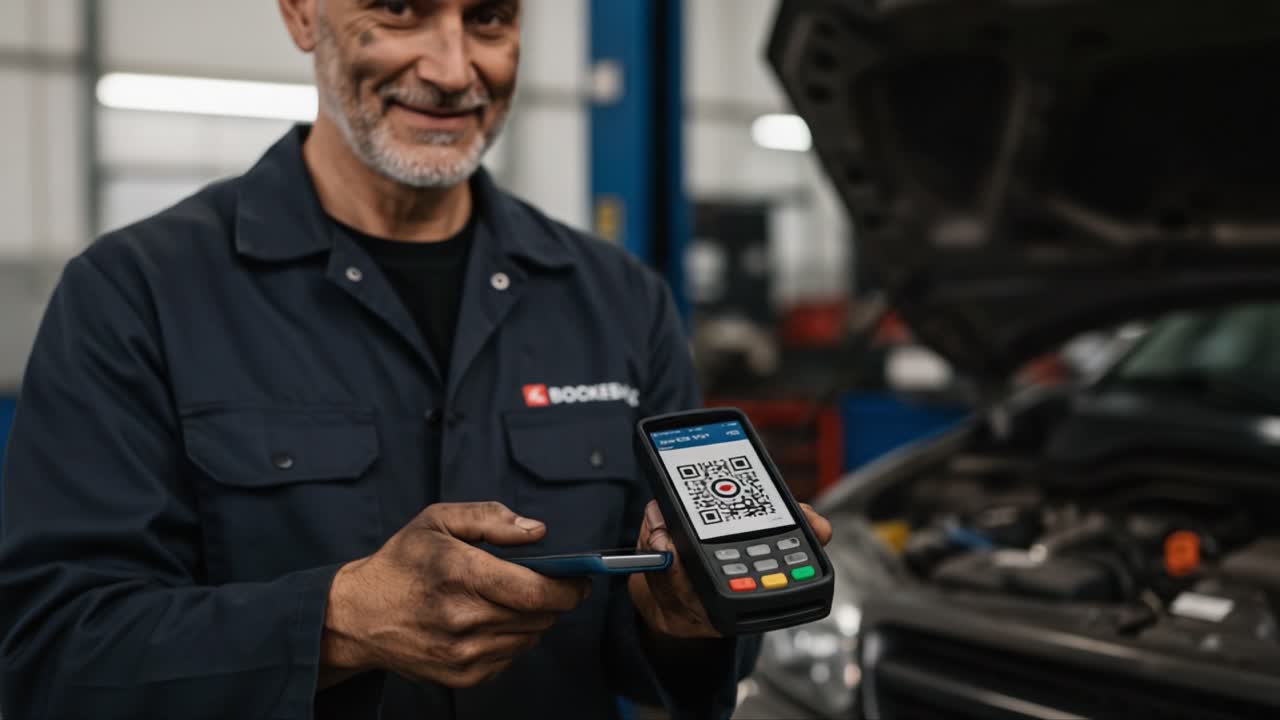 A Skilled Mechanic Using a Diagnostic Tool to Scan a QR Code in an Automotive Workshop, Highlighting Modern Technology in Vehicle Maintenance
