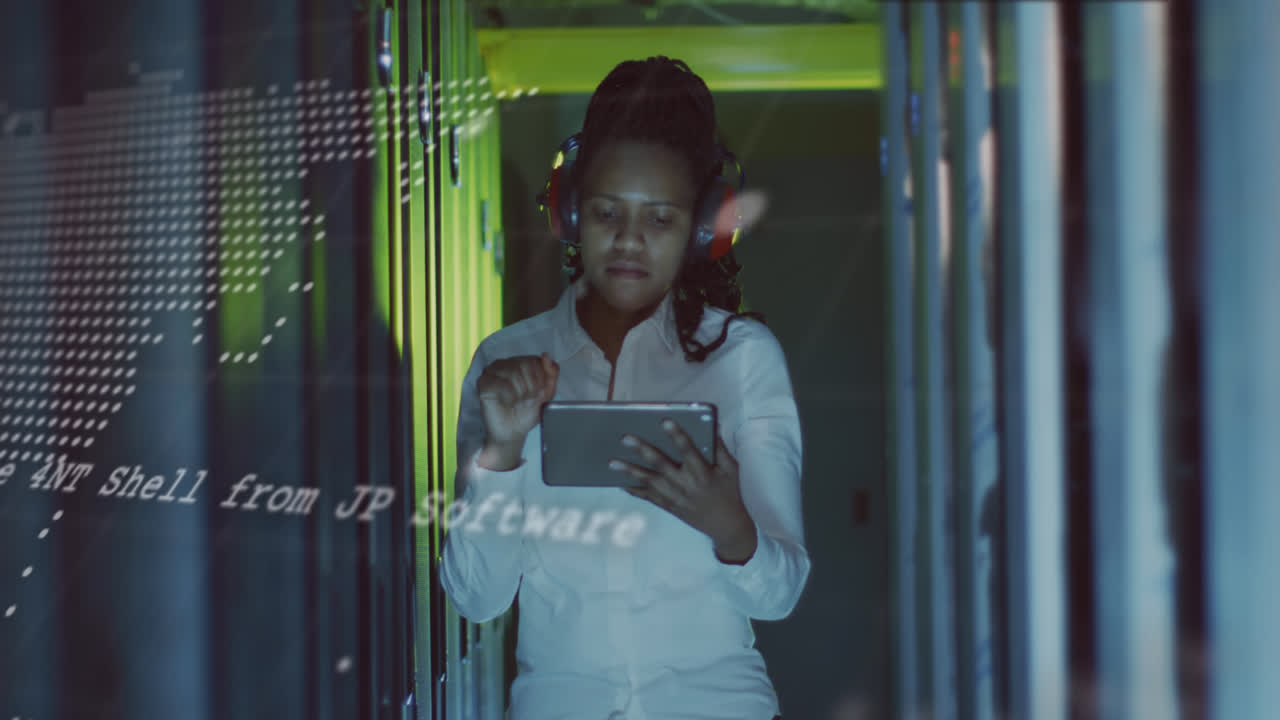 Animation of data processing over african american female it engineer by computer servers