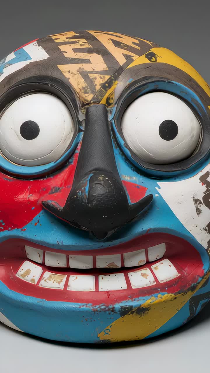 Vertical video: Shifting camera during playback, showing painted mask in studio with chipped paint