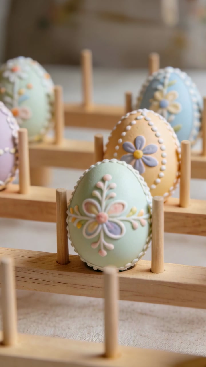 Camera shifting right, mint egg anchoring focus on craft rack, revealing yellow egg floral icing
