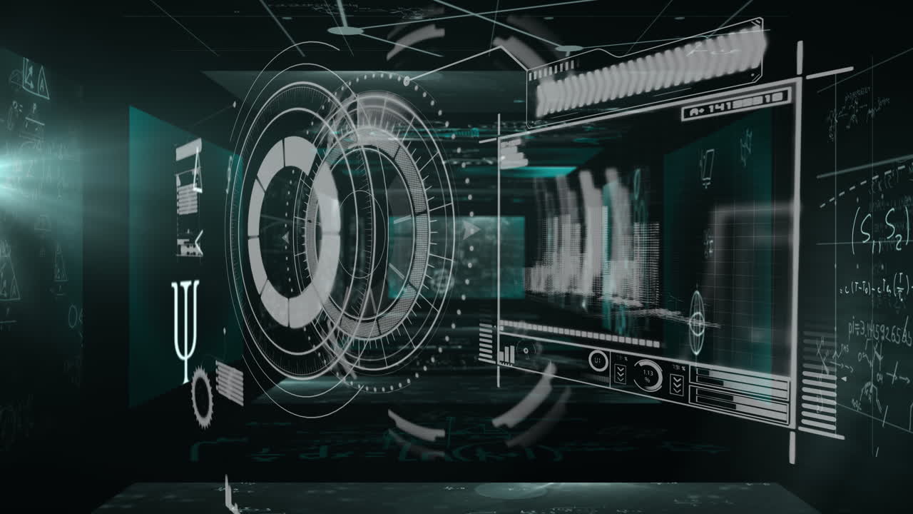 녹색 배경에 수학적 방정식이 있는 둥근 스캐너와 데이터 처리