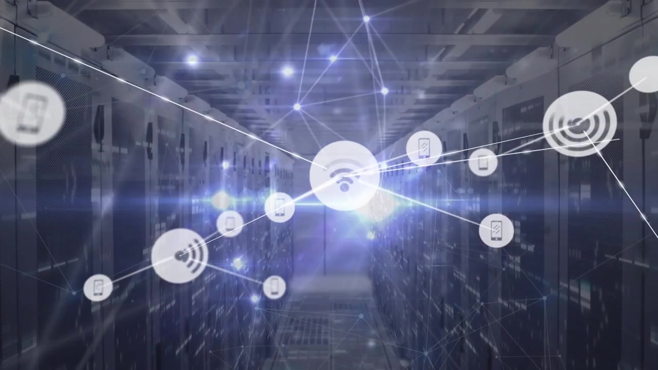 Animation of network of connections with icons and data processing over server room