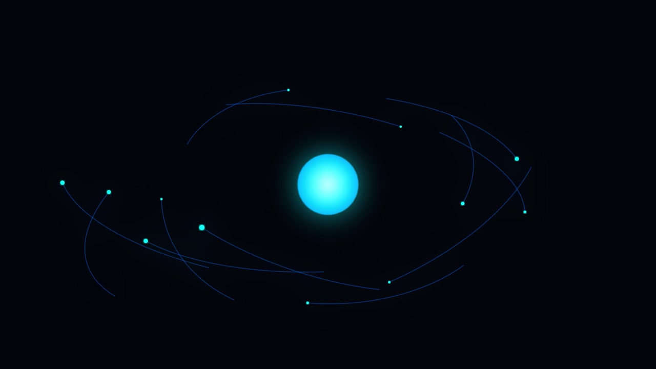 Animazione astratta di una sfera blu luminosa con particelle in orbita