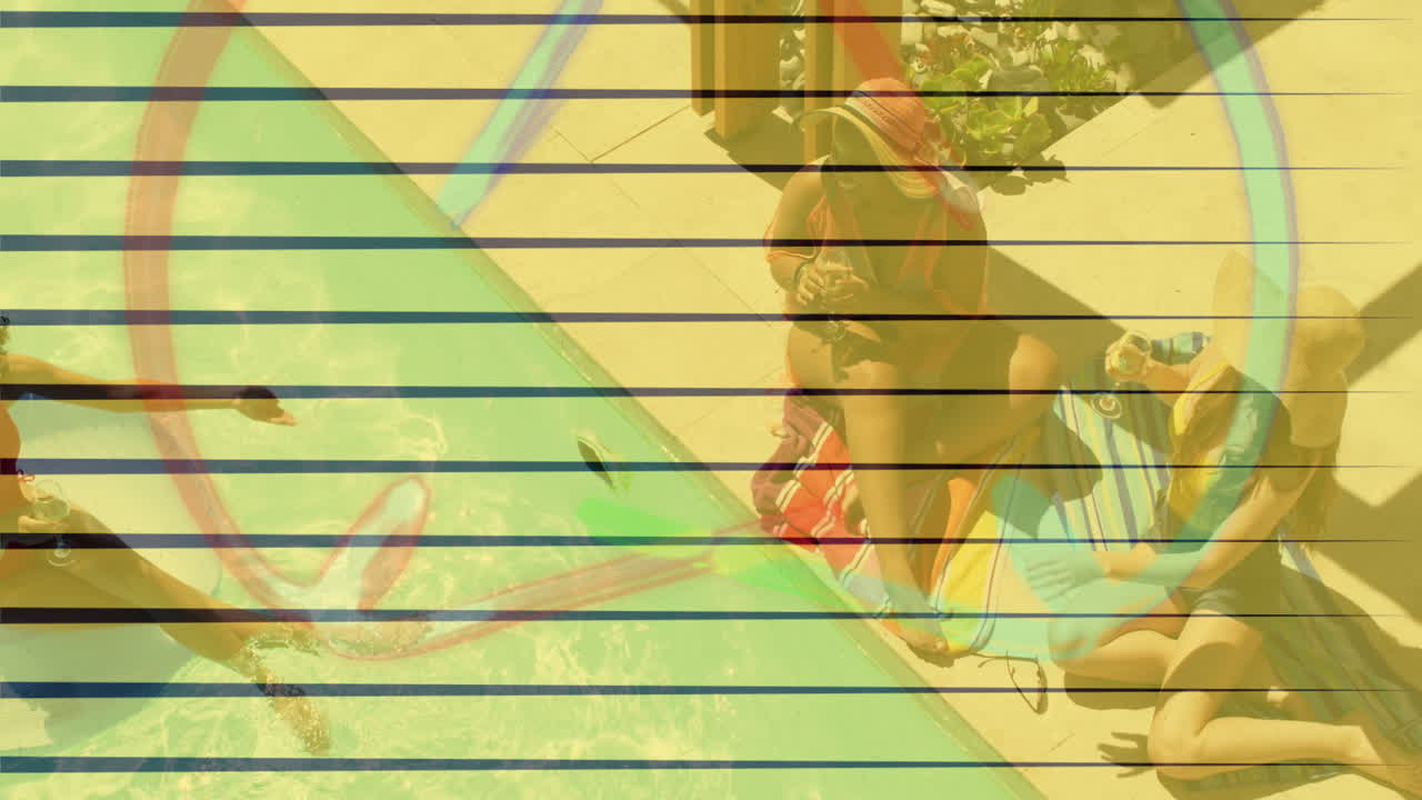 Relaxing by swimming pool, people using colorful floats surrounded by plants