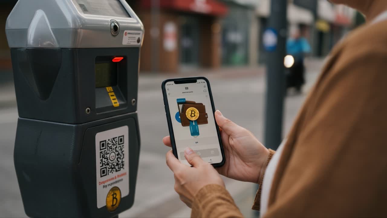 A User Interacts with a Smart Parking Meter Utilizing Bitcoin Technology, Showing the Evolution of Payment Solutions in Urban Environments