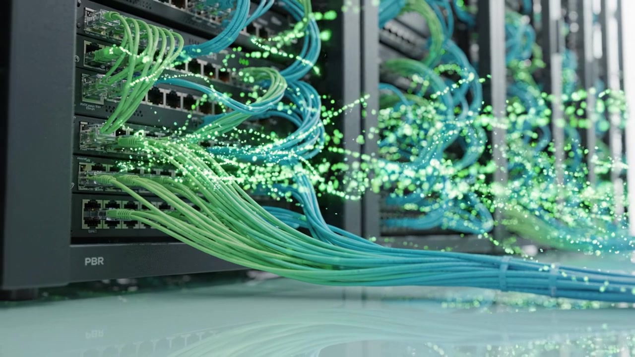 Visualizing Network Connections: A Dynamic Showcase of Colorful Cables Physically Representing Data Flow in a Modern Data Center Environment