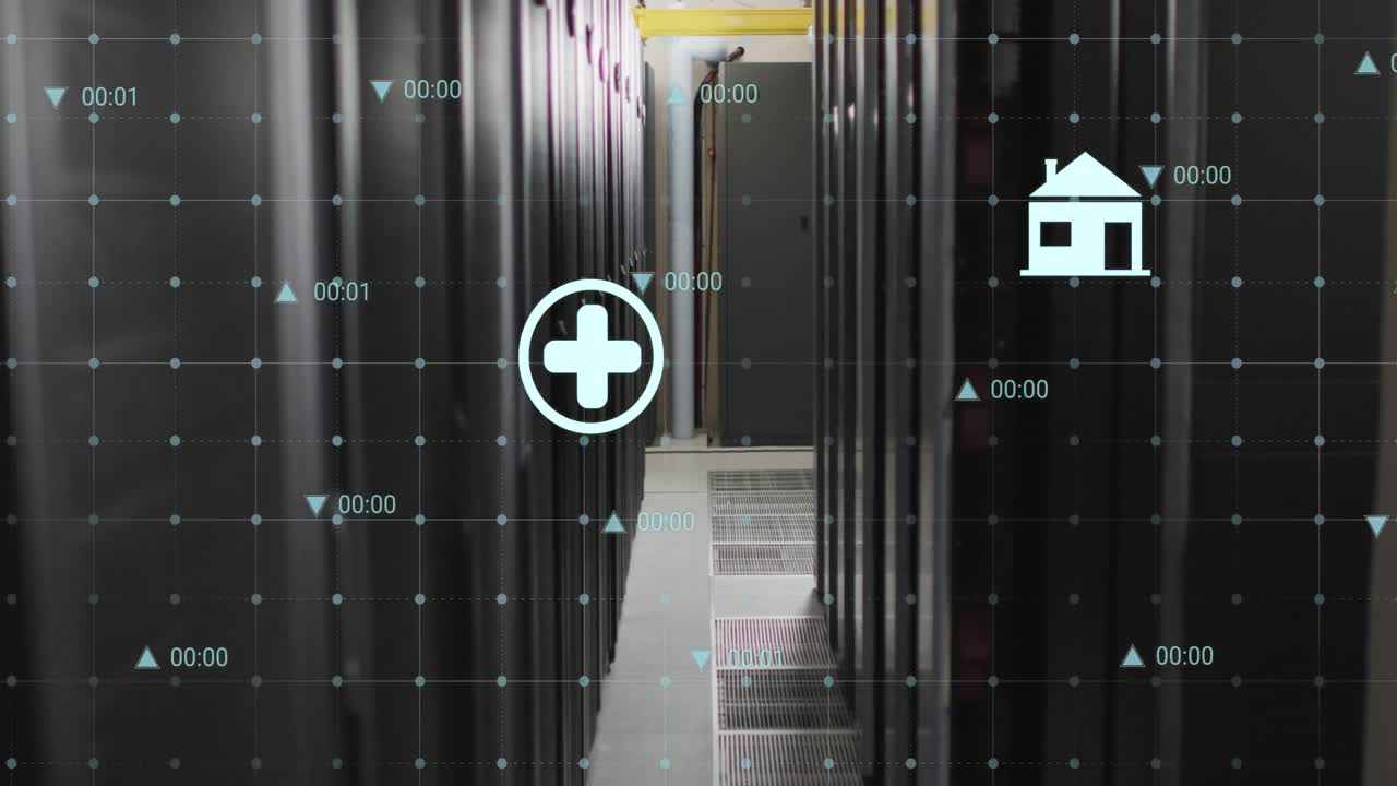 animación de iconos digitales a través de la red de red contra la sala de servidores de computadoras.