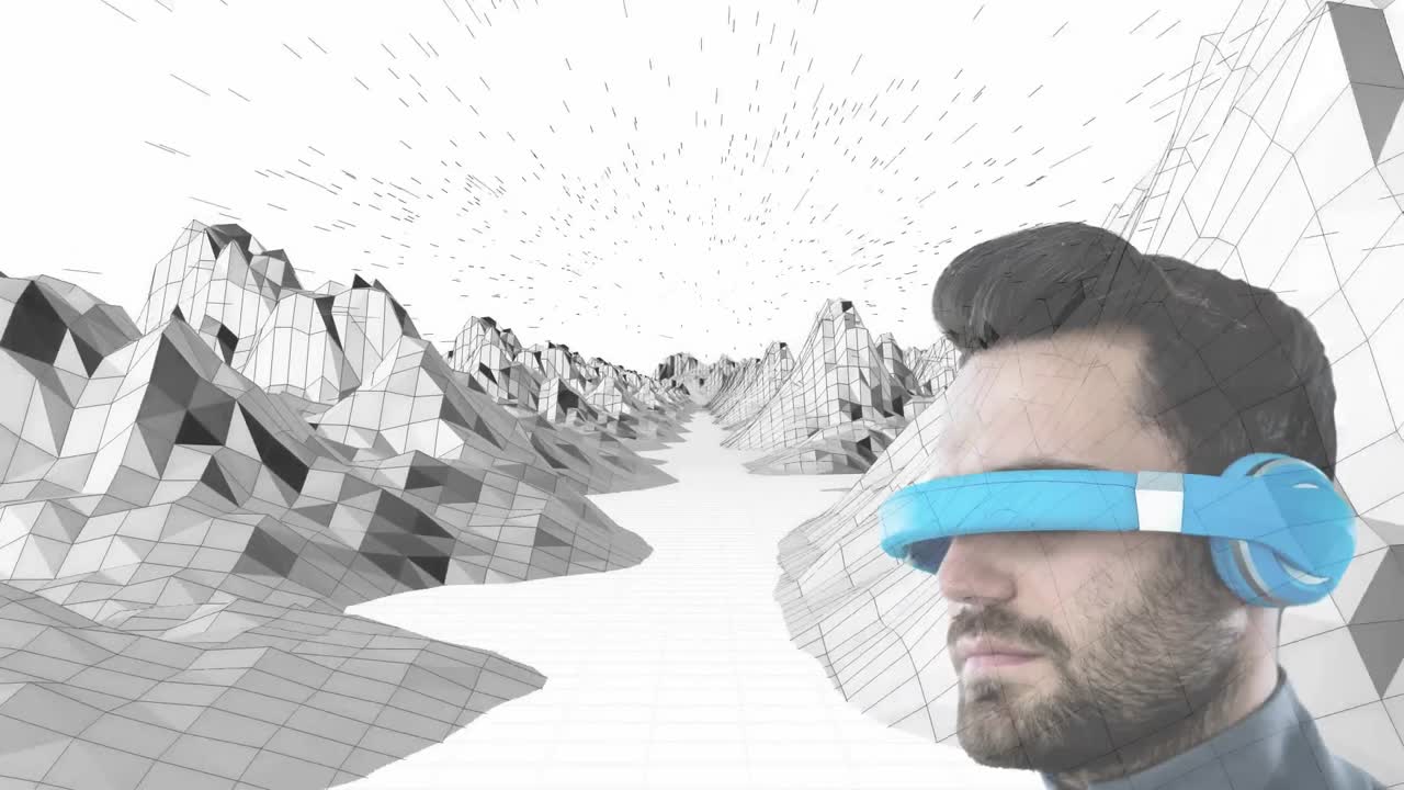 hombre caucásico con gafas vr contra estructuras de montaña en 3d contra un fondo blanco