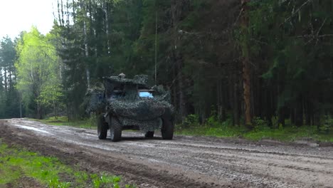french light armored 4x4 all terrain vehicle or vbl that has a camouflage net on it reversing slowly on a muddy countryside road in a pine forest while two soldiers on top are scouting the enemy area.