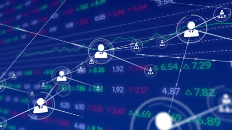 animation of financial data processing over network of connections with icons