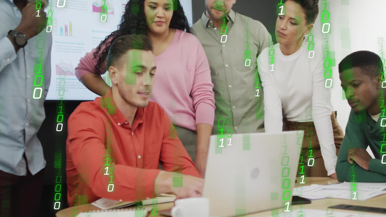 Seated lead typing on laptop, guiding business team reviewing data while green binary rain growing