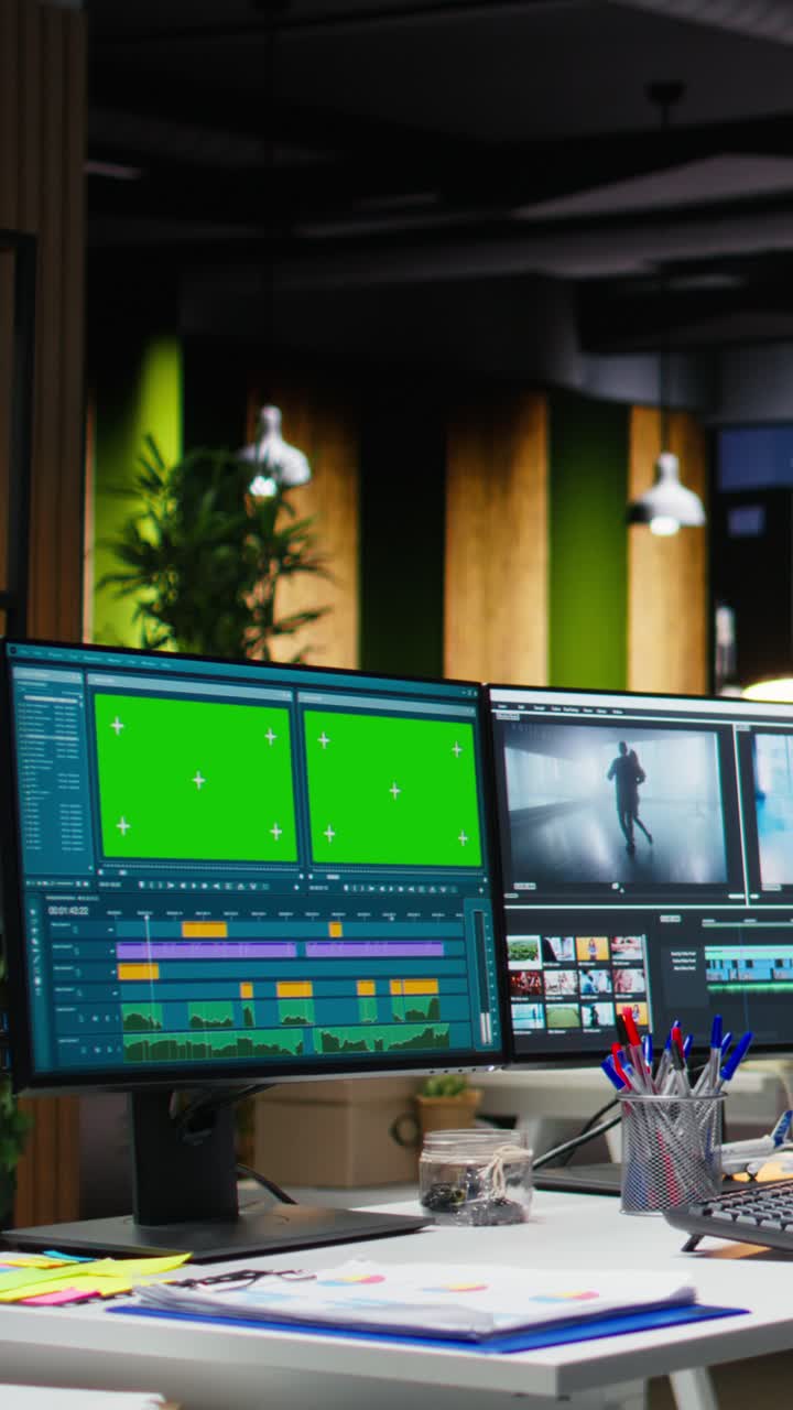 Vertical Video Chroma key with professional editor working in video production at agency office
