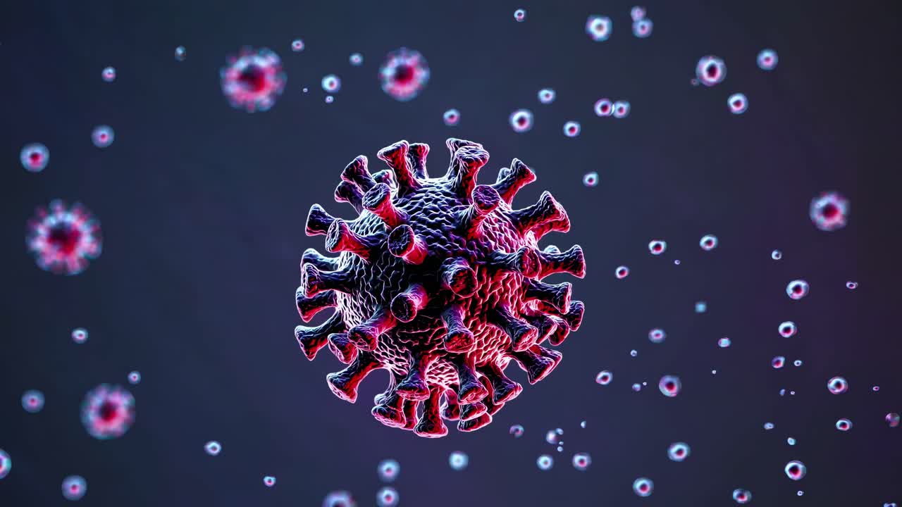 3D-rendered virus particle in a dark, abstract video style
