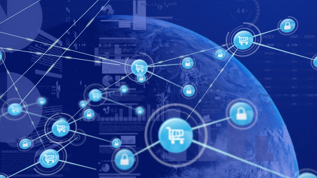 Animation of network of connections with icons and network of connections over server room