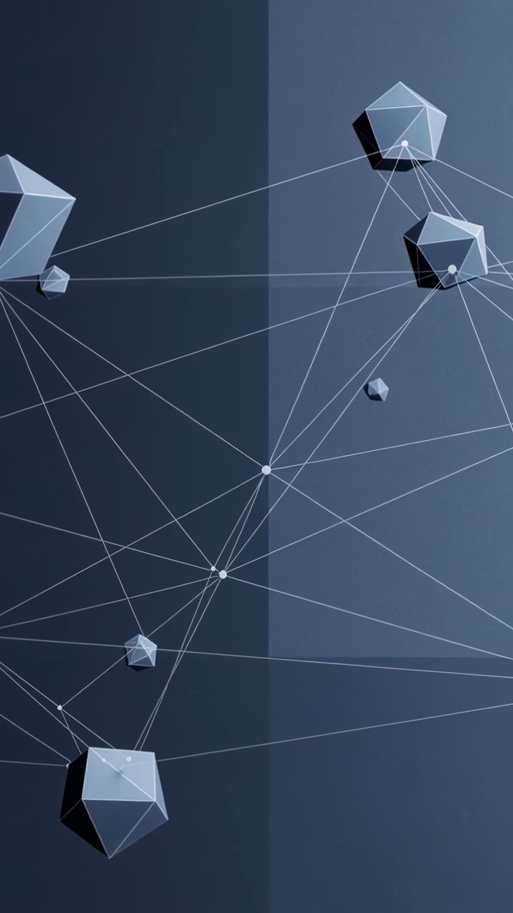 Algorithm animating faceted polyhedra, rotating nodes and shifting thin lines for visual effect