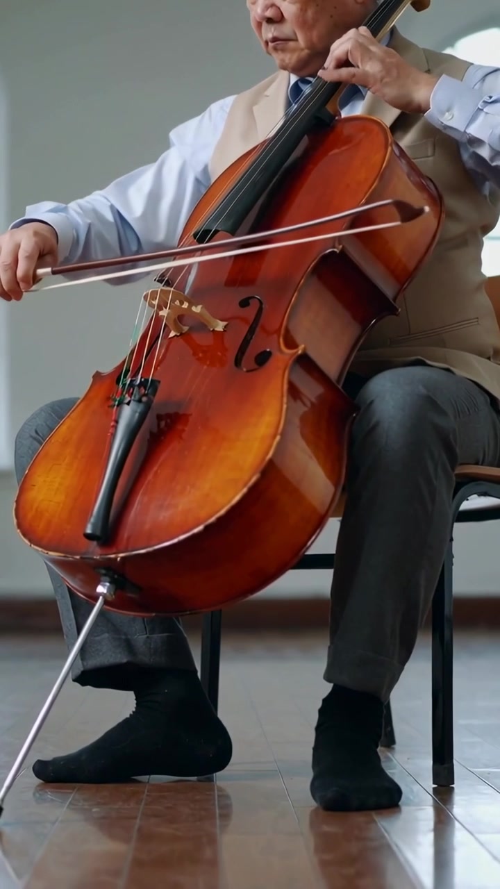Vertical video: Bringing bow to strings, senior cellist practicing cello in lit room, wearing vest