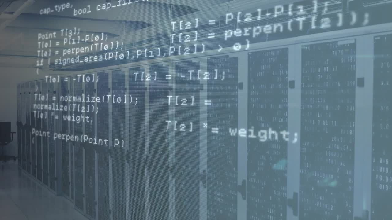 C++ code scrolling over server racks revealing network geometry routines illustrating data flow