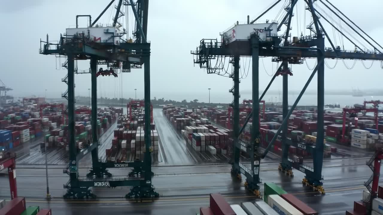 Aerial View of a Busy Shipping Port with Cranes and Containers Under Overcast Skies, Showcasing Logistics Operations in Action